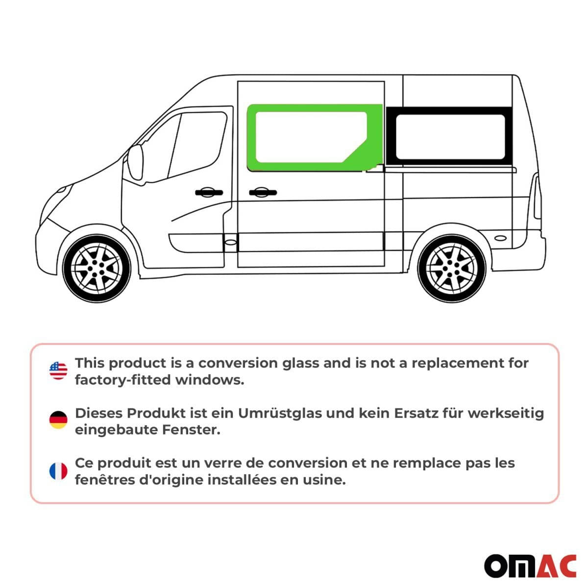 OMAC Seitenfenster Seitenscheibe Opel Movano L1 Bj. 2010–2021 Schiebetuer Rechts - 6125405-1FSDFR