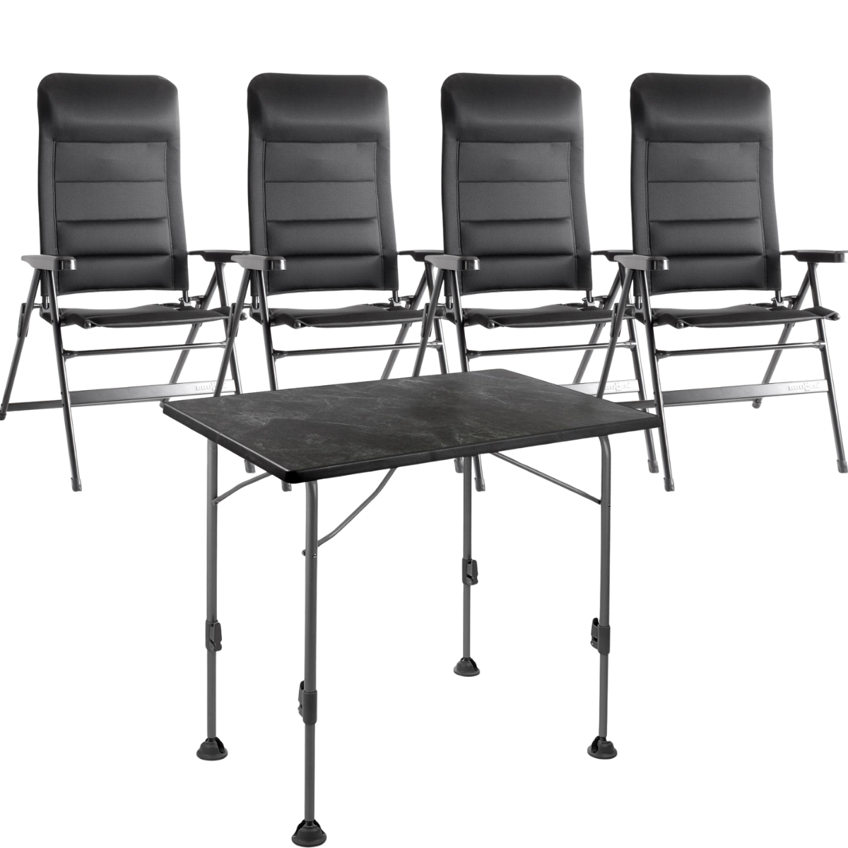 BRUNNER Campingstuhl ARAVEL 3D - L Schwarz 4er-Set - Tisch LINEAR 115 Black - 0404065N-C09L 0406031N.C69