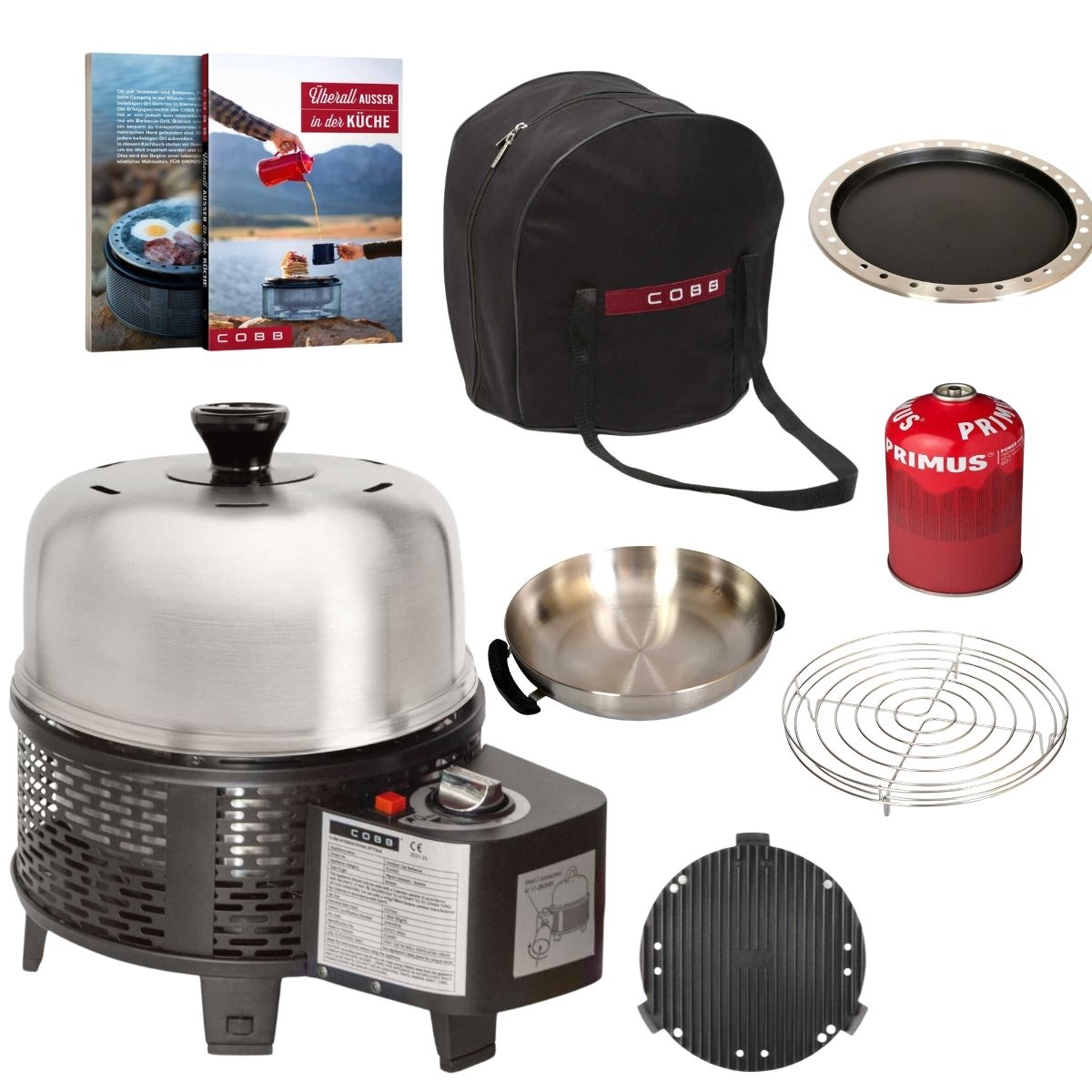 COBB Pro Gas und Grillplatte und Griddle - und Bratenrost und Wok und Bratpfanne und Kochbuch und Tasche und Gaskartusche