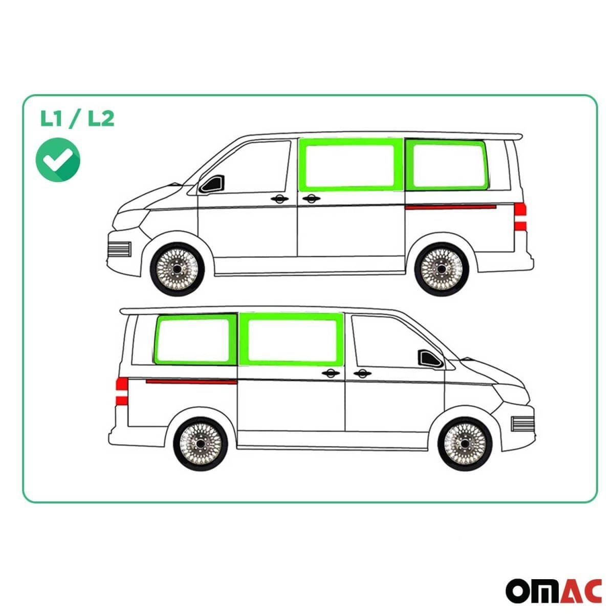 OMAC Seitenfenster Seitenscheibe VW T5/T6/T6.1 L1 Bj. 2003-2024 Komplett-Set 4er-Set OMAC Seitenfenster Seitenscheibe VW T5-T6-T6-1 L1 Bj. 2003-2024 Komplett-Set 4er-Set - G002394