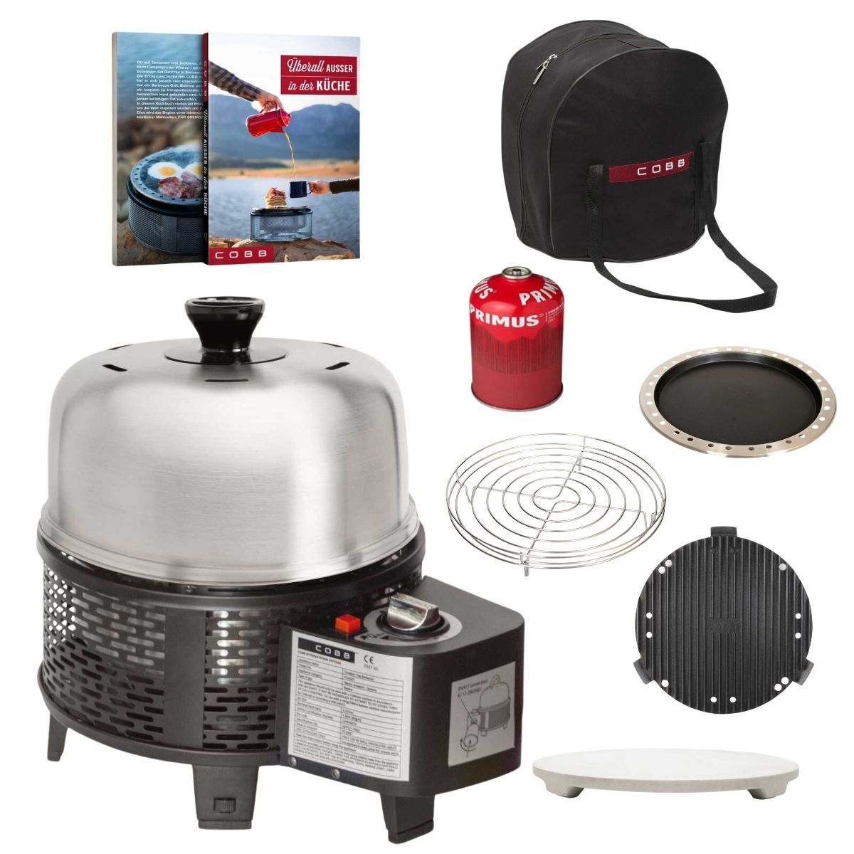 COBB Pro Gas Black und Grillplatte und Griddle - und Bratenrost und Bratpfanne und Pizzastein und Kochbuch und Tasche und Gaskartusche