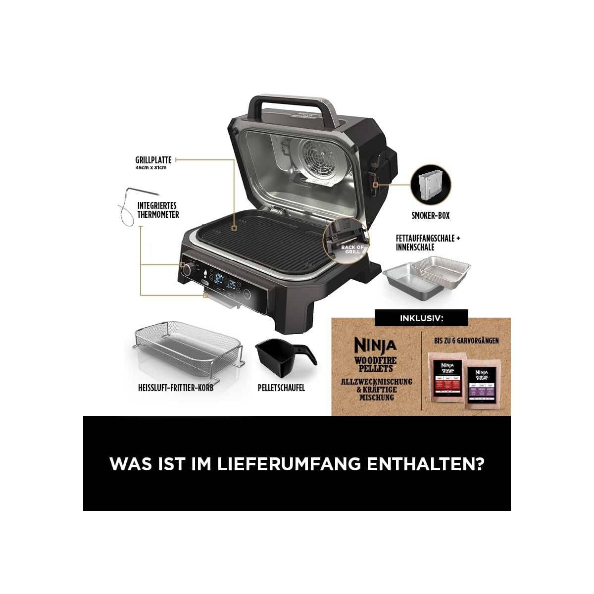 NINJA Woodfire Pro XL - Elektrischer Outdoor Grill - Smoker mit Smart Cook System - OG850EU