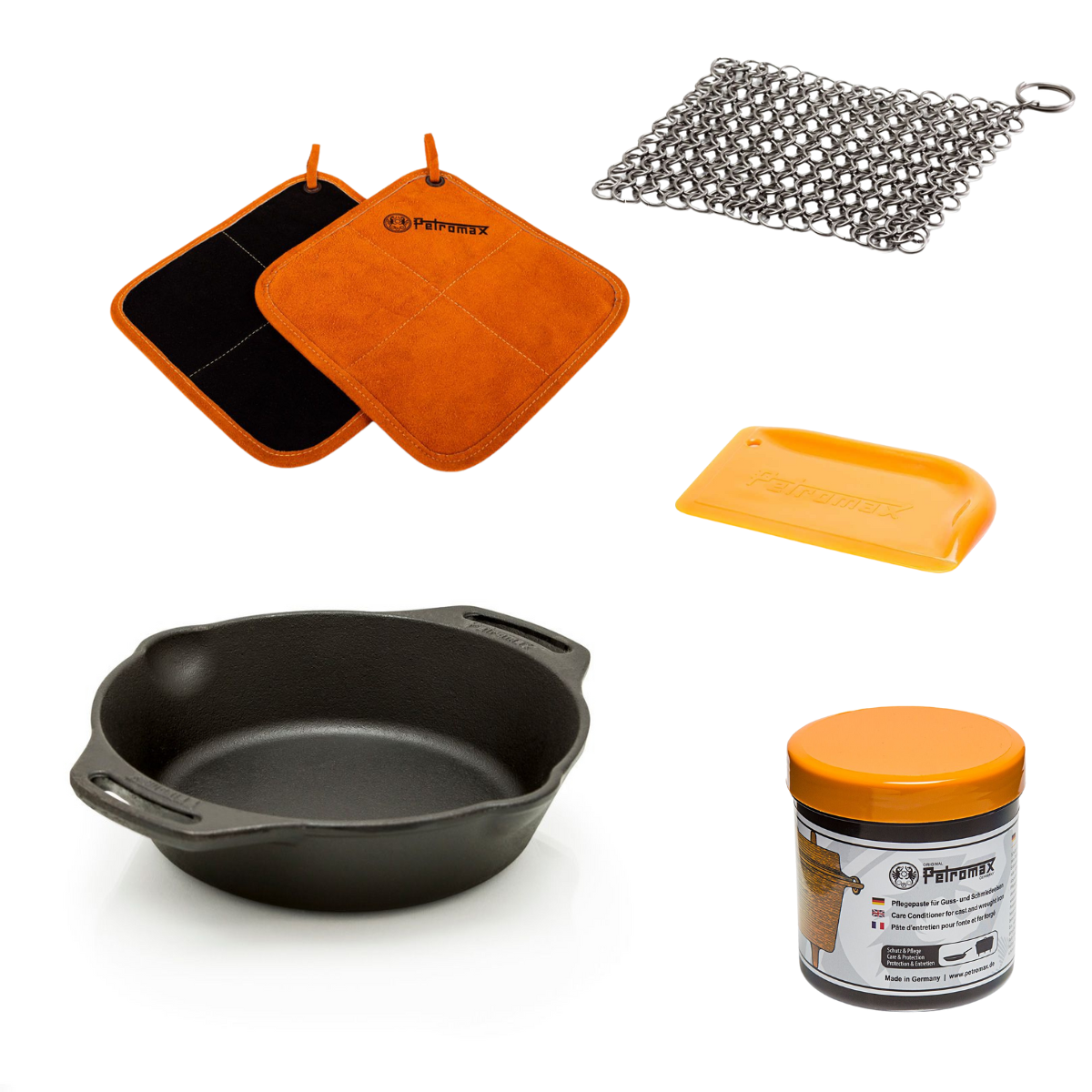 PETROMAX Feuerpfanne Henkel FP20H mit Aramid Topflappen - Starterset fp20h-t scrub ft-pflege t300 os 