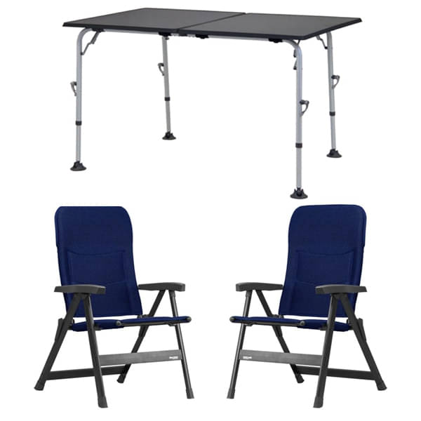 Set 1 Tisch WESTFIELD Aircolite Extender Tisch 120 x 80 cm faltbar - Performance Series - 201-17301 und 2 WESTFIELD Prince Stuhl dark blue - Performance Series - 201-986 DB