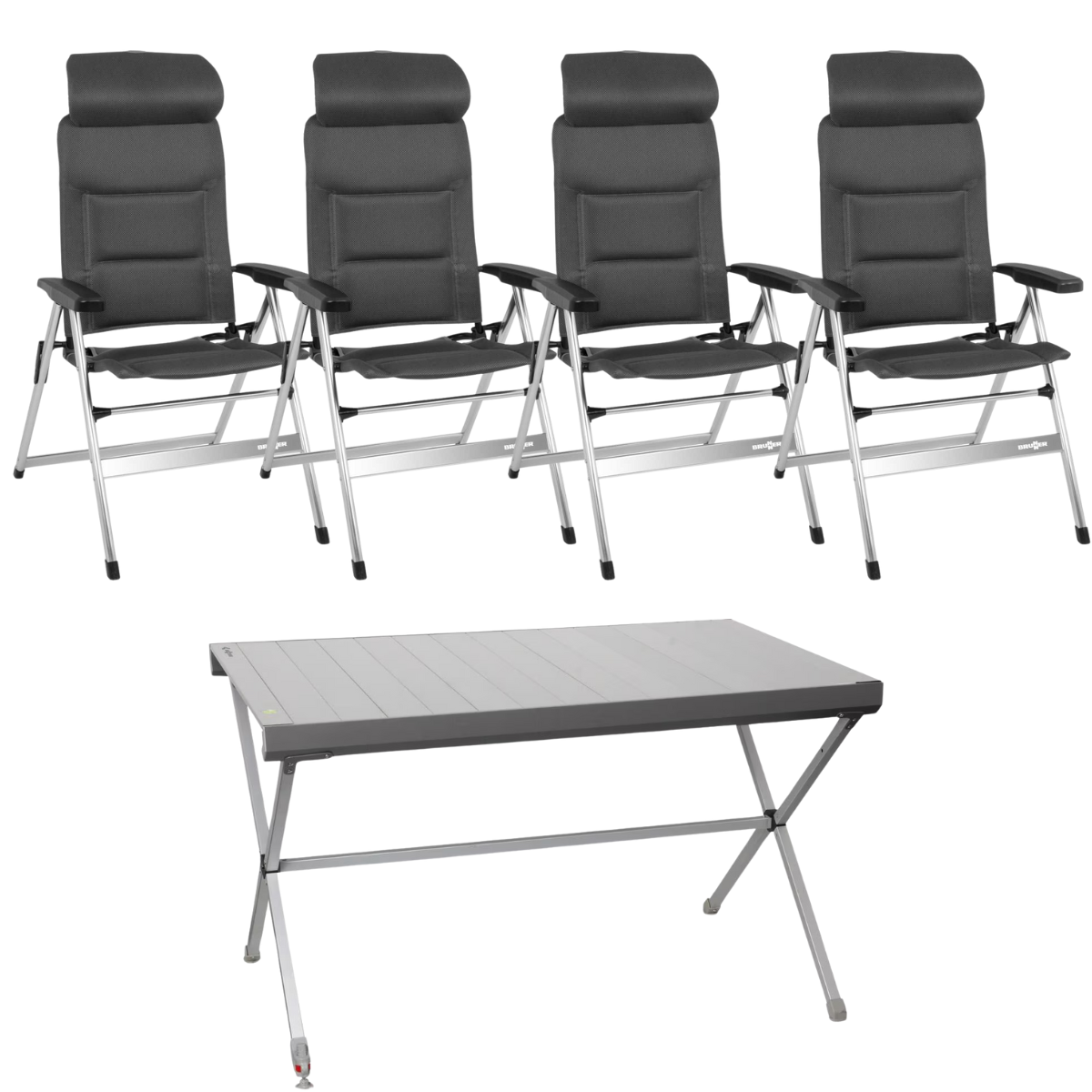 BRUNNER Campingstuhl ARAVEL H2L Dunkelgrau 4er-Set - Rolltisch TITANIUM AXIA 4 122x 76 cm - 0404052N.C25 0406098N