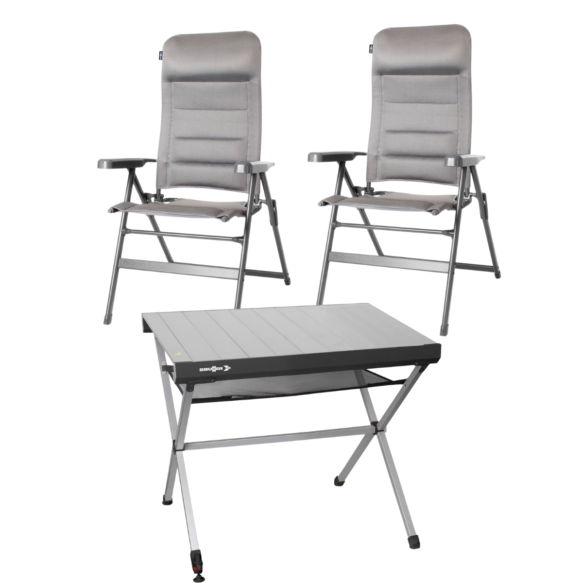 BRUNNER Campingstuhl ARAVEL 3D - M Hellgrau 2er-Set - Rolltisch TITANIUM AXIA 2 104x62 cm - 0404065N.C07M 0406097N