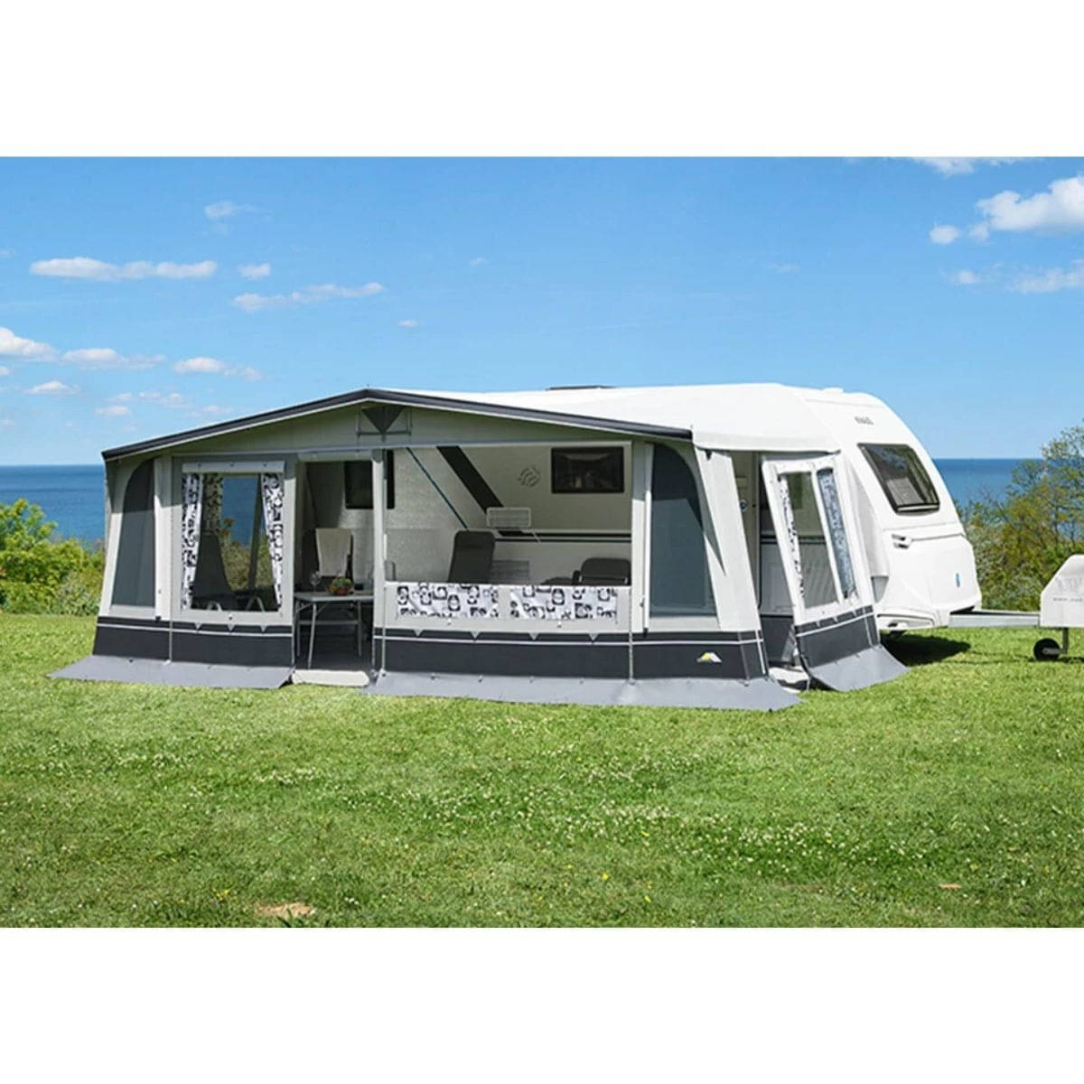 DWT Wohnwagen-Vorzelt DOMINO Gr. 14 Umlaufmass 941-970 cm Tiefe 250 cm mit 32 mm Alu-Gestaenge - 142114A32