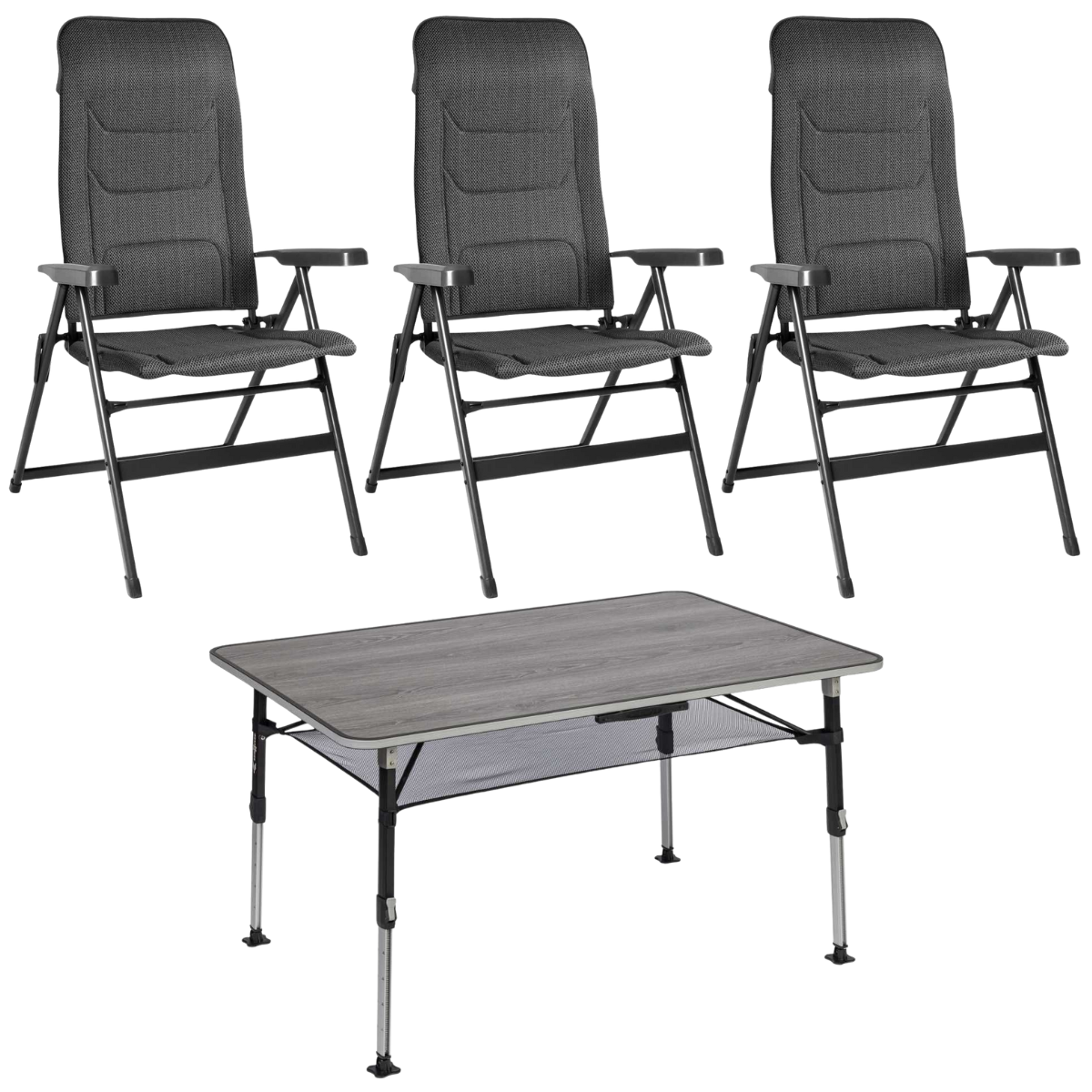 BRUNNER Campingstuhl ARAVEL VITACHIC 3D - L Salt-Pepper 3er-Set - Tisch ELU NG 120x80 cm - 0404065N.C42L 0406043N