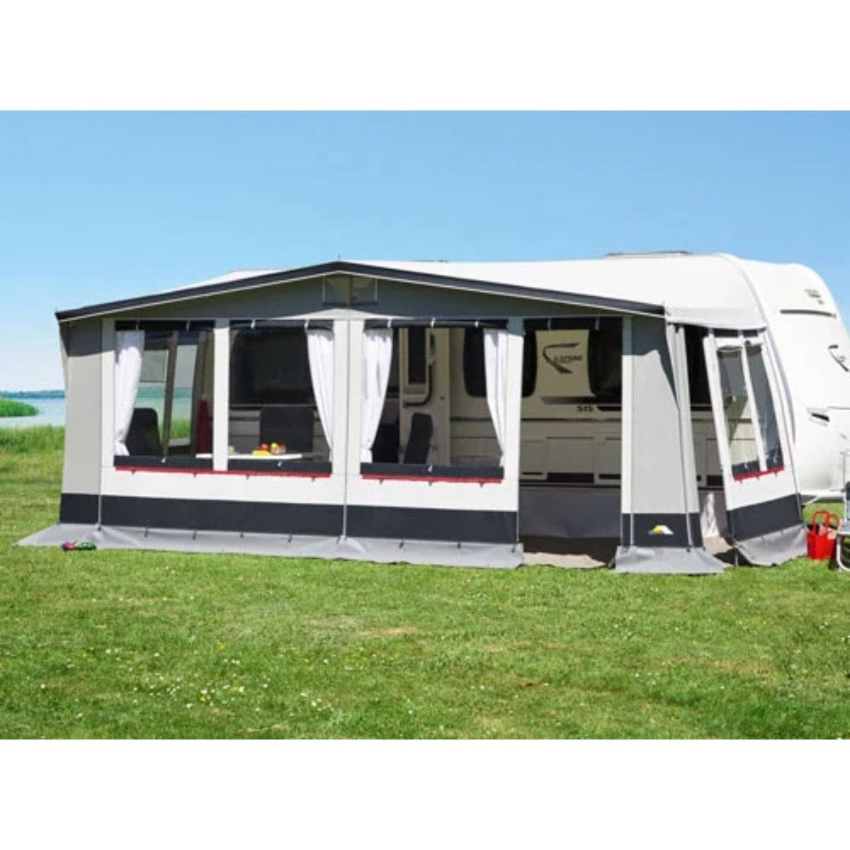 DWT Wohnwagen-Vorzelt PARADIES III Gr. 19 Umlaufmass 1091-1120 cm Tiefe 280 cm mit 28mm Stahlgestaenge - 125099S28