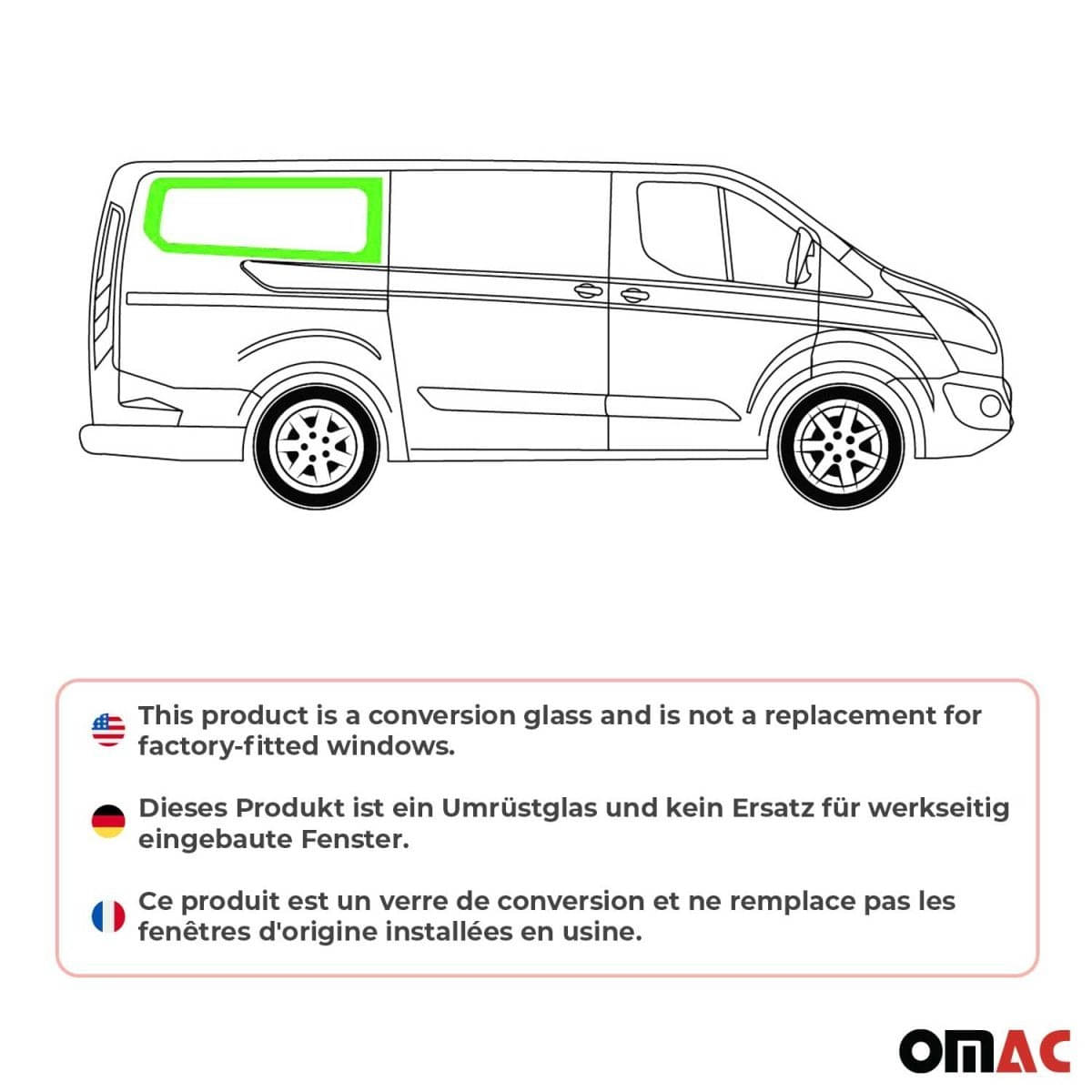 OMAC Seitenfenster Seitenscheibe Ford Transit Custom L2 Bj. 2013-2023 Hinten Rechts Schiebetuer - 2624405L-1RSDFR