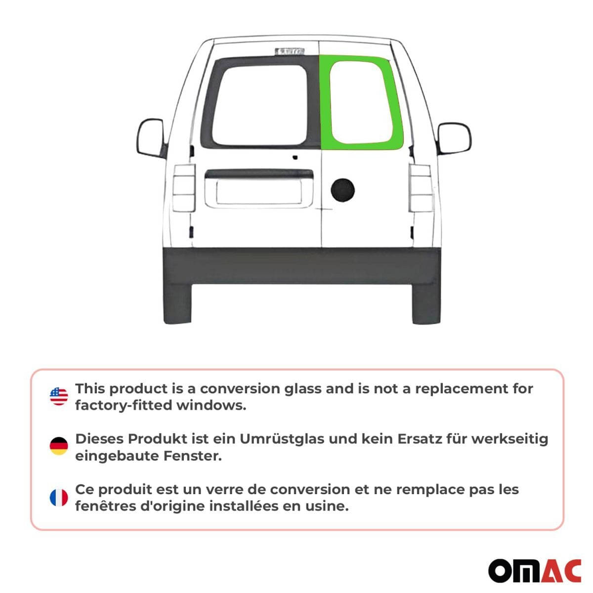 OMAC Heckscheibe Heckfenster VW Caddy III-IV L1-L2 Bj. 2003-2020 Fluegeltuer Hinten Rechts - 7520405-1BDFR