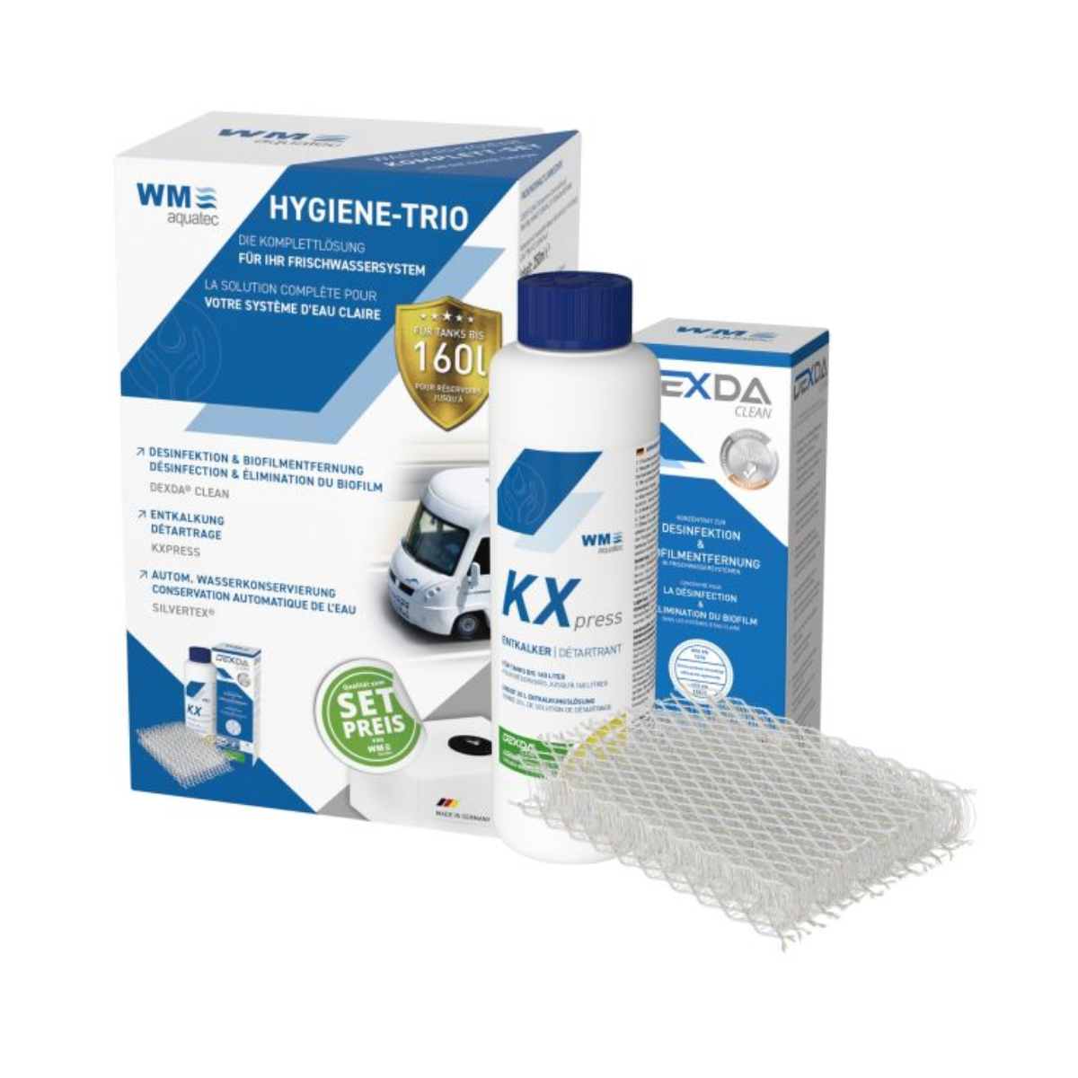 WM AQUATEC Desinfectie Reiniger Hygiëne Trio tot 160 Liter tankinhoud incl. SILVERNET FLEX WM AQUATEC Desinfektion Reiniger Hygiene Trio bis 160 Liter Tankgroessen inkl. SILBERNETZ FLEX - HGT-120
