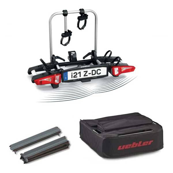 Set UEBLER i21 Z Fahrradtraeger 18110DC 2 Raeder mit 90° Abklappung Rueckfahrkontrolle Tasche Auffahrschiene