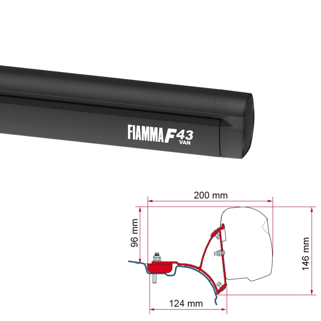 FIAMMA Markise F43 Van 270 Deep black inkl- Adapterkit VW T5 T6 ab Bj. 2003 H1 L1 ohne C-Schiene-08833A02R 98655A647