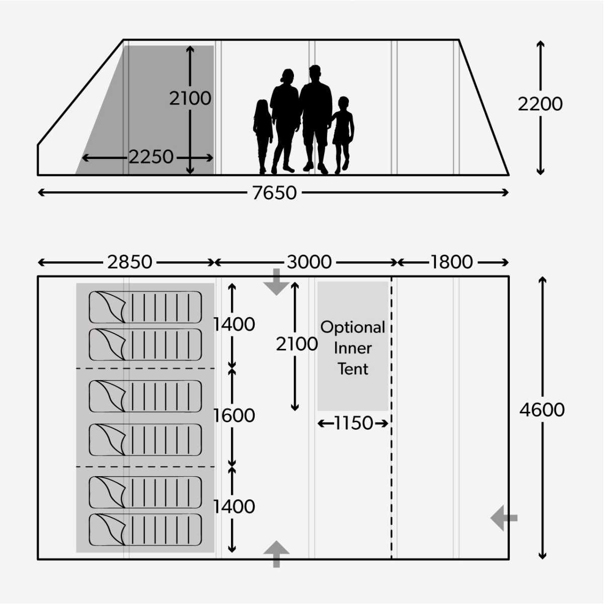 DOMETIC aufblasbares Familienzelt ASCENSION FTX 601 TC Grau inkl. Teppich und Unterlage