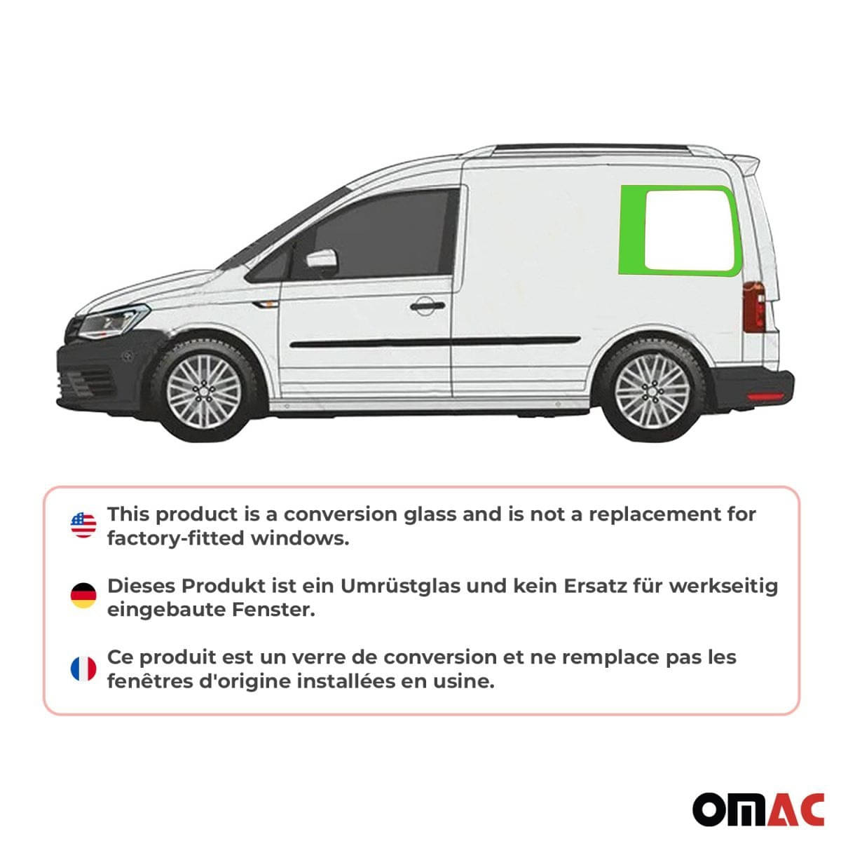 OMAC Seitenfenster Seitenscheibe VW Caddy III-IV L1 Bj. 2003-2020 Hinten Links - 7520405-1RSFL
