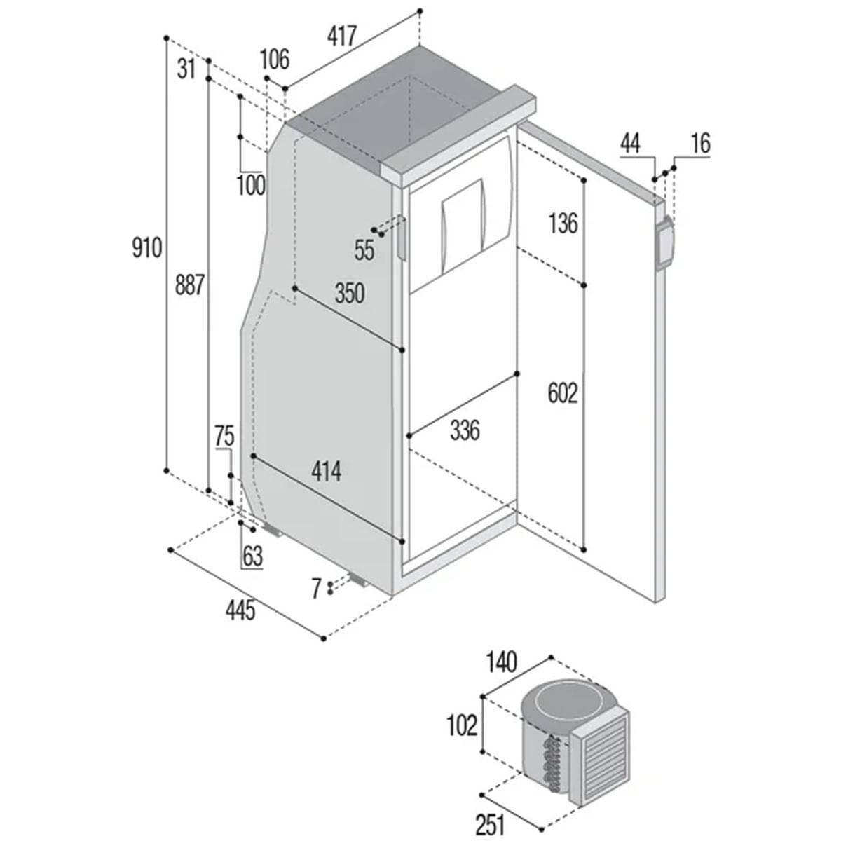VITRIFRIGO Kompressor-Kuehlschrank Slim C90 CHR 12-24 V 82 L mit Gefrierfach Hellgrau glaenzend