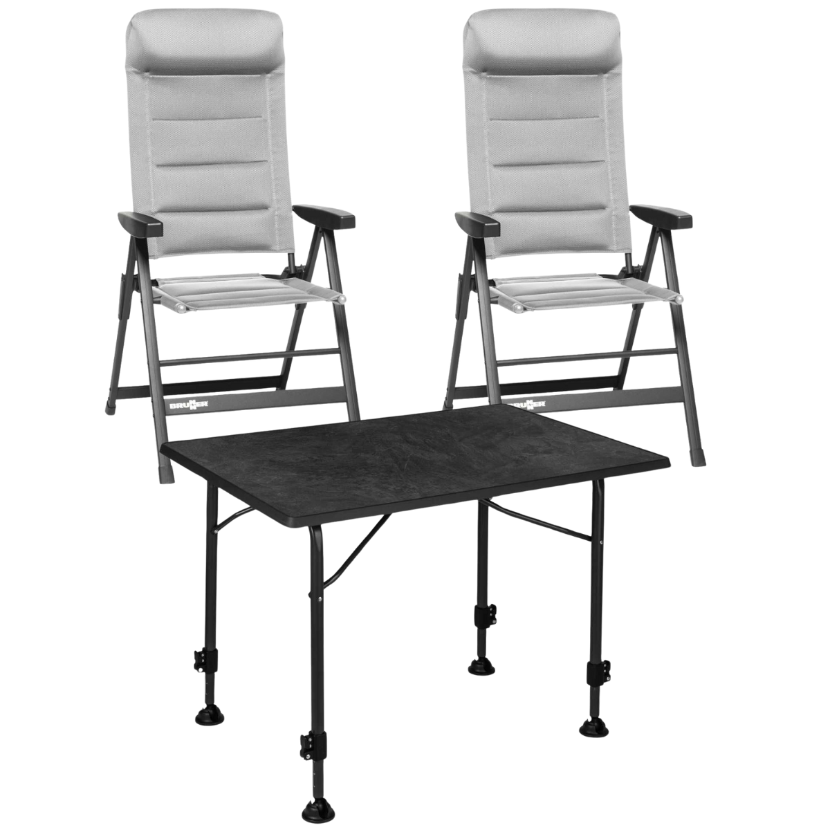 BRUNNER Campingstuhl SKYE 3D Hellgrau 2er-Set - Tisch LINEAR 80x60 cm Black - 0404063N-C06 0406036N.C69