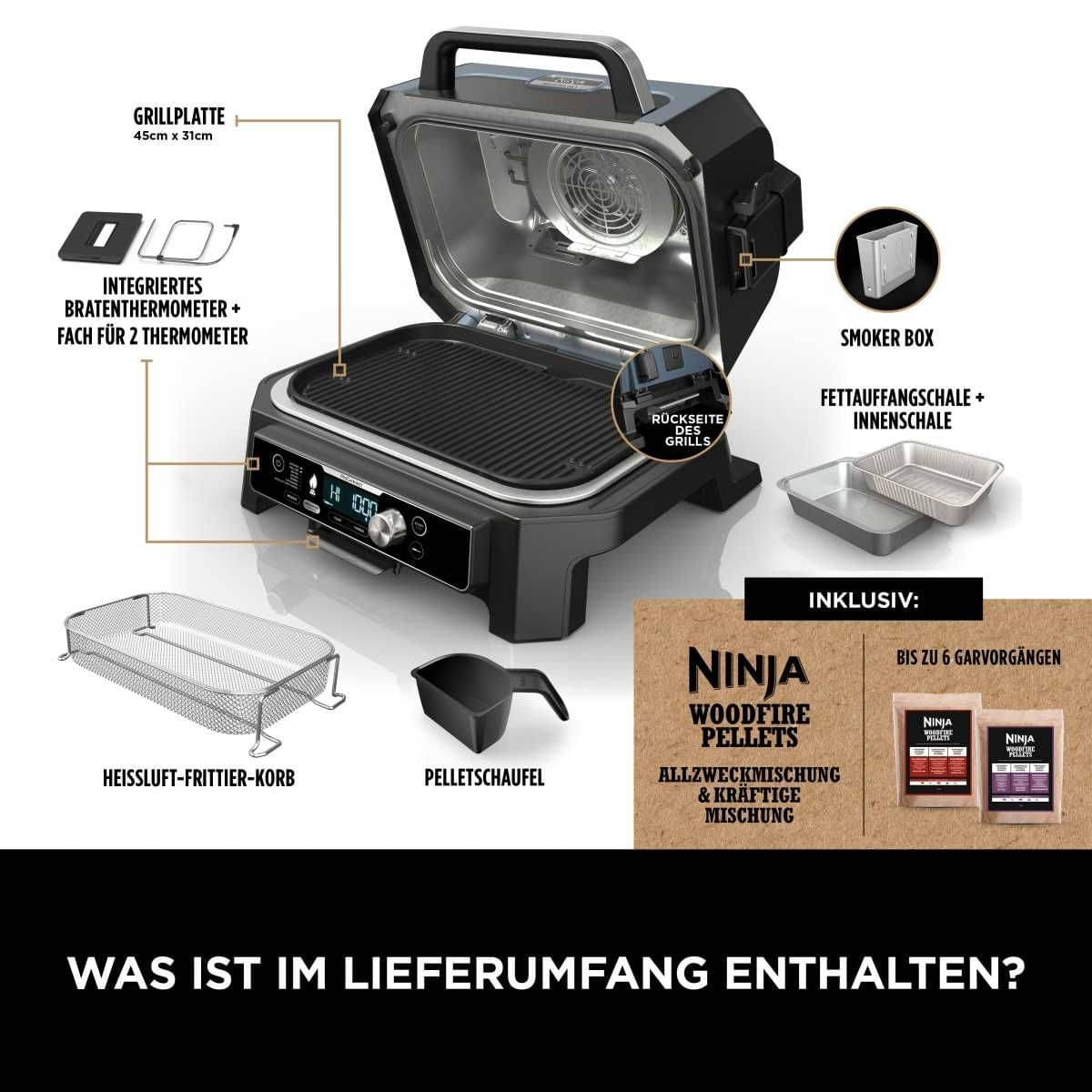 NINJA Woodfire Pro Connect XL - Elektrischer Outdoor Grill - Smoker - OG901EU