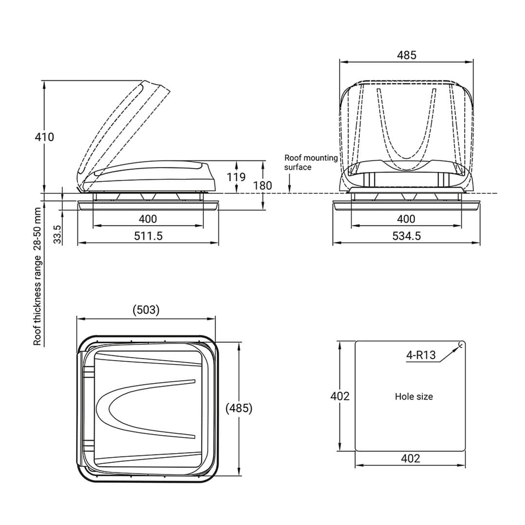 ProPlus Dachhaube 400x400 mm- Dachstaerke 28-50 mm- ohne Zwangsbelueftung- mit LED- Transparent 610905V01