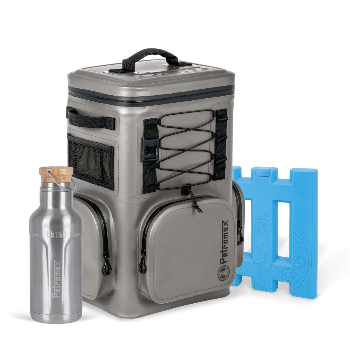 PETROMAX Kuehlrucksack 27 Liter grau mit Kuehlakku 210 mm - Isolierflasche 1-5 L - Aktionsset - BKPK27-GRAU-G-SET-210