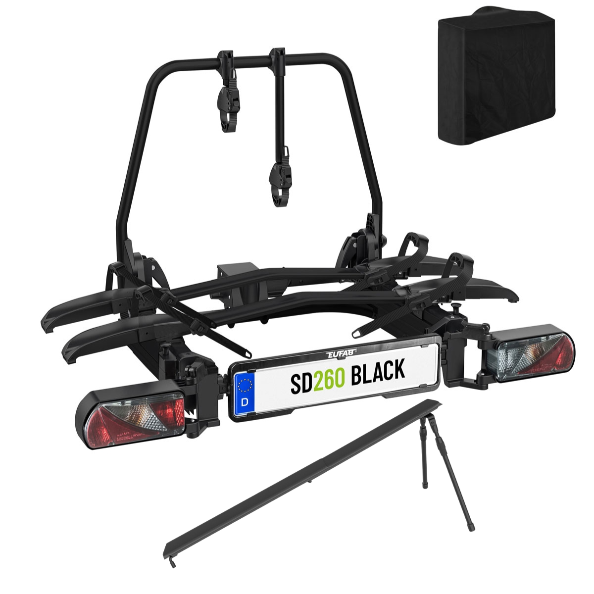 EUFAB SD260 Fahrradträger black für 2 Räder Hecktüren 11619 inkl. Tasche + Rampe Fahrradtraeger EUFAB SD260 black ausziehbar fuer 2 Raeder Hecktueren 11619 inkl. Tasche 11636
