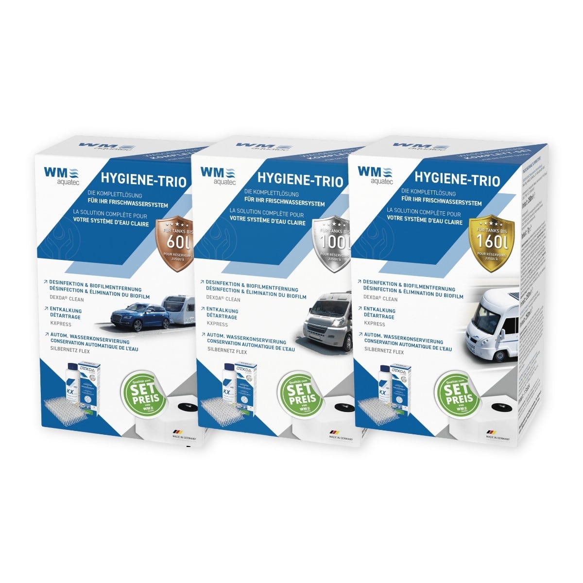 WM AQUATEC Desinfektion Reiniger Hygiene Trio inkl. SILBERNETZ FLEX – fuer Tankgroessen bis 60- 100- 160- 320 oder 500 Liter