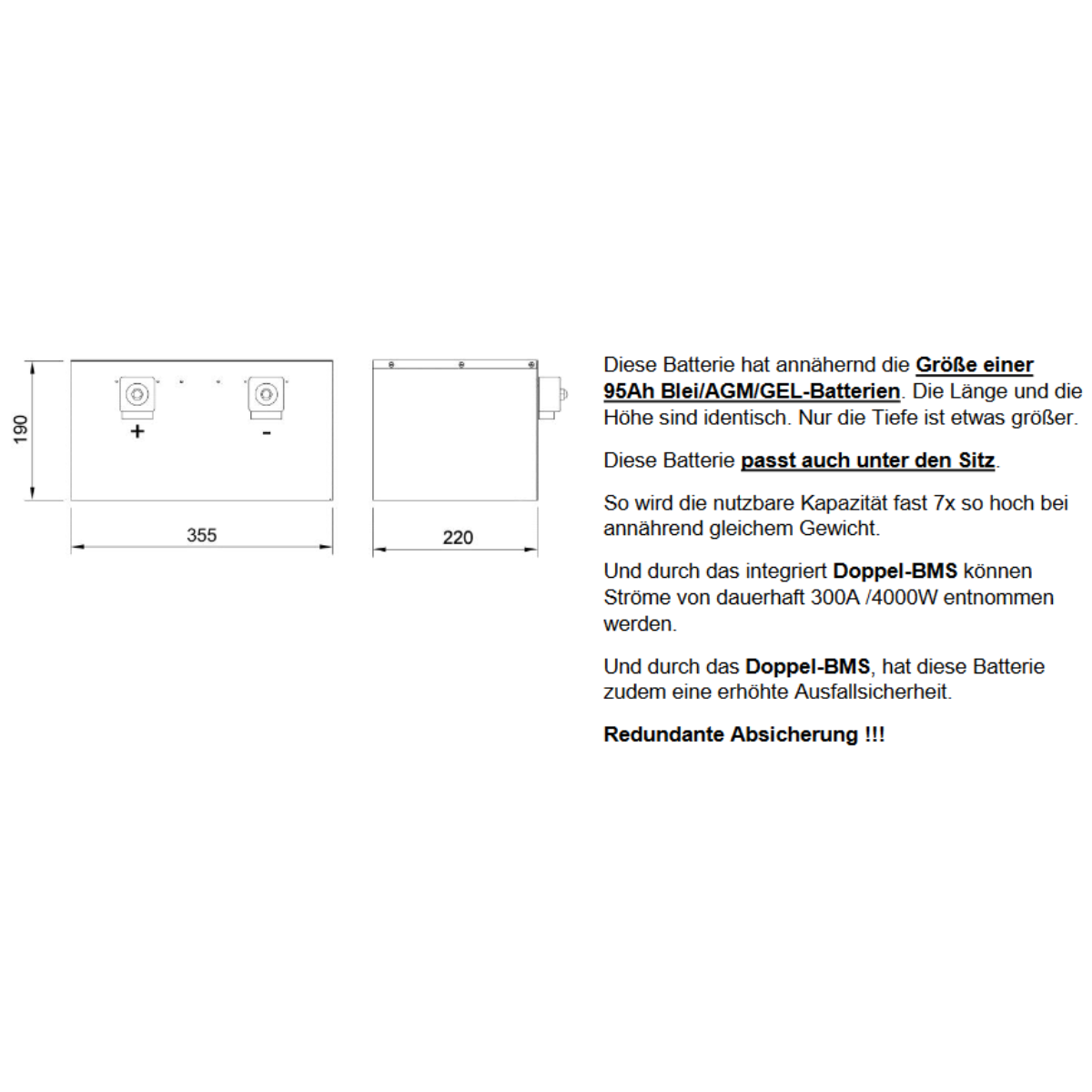 BULLTRON Lithium-Batterie Untersitz POLAR 320Ah 12V inkl. BMS 300A Dauerstrom - App - LI320B300-12-UP