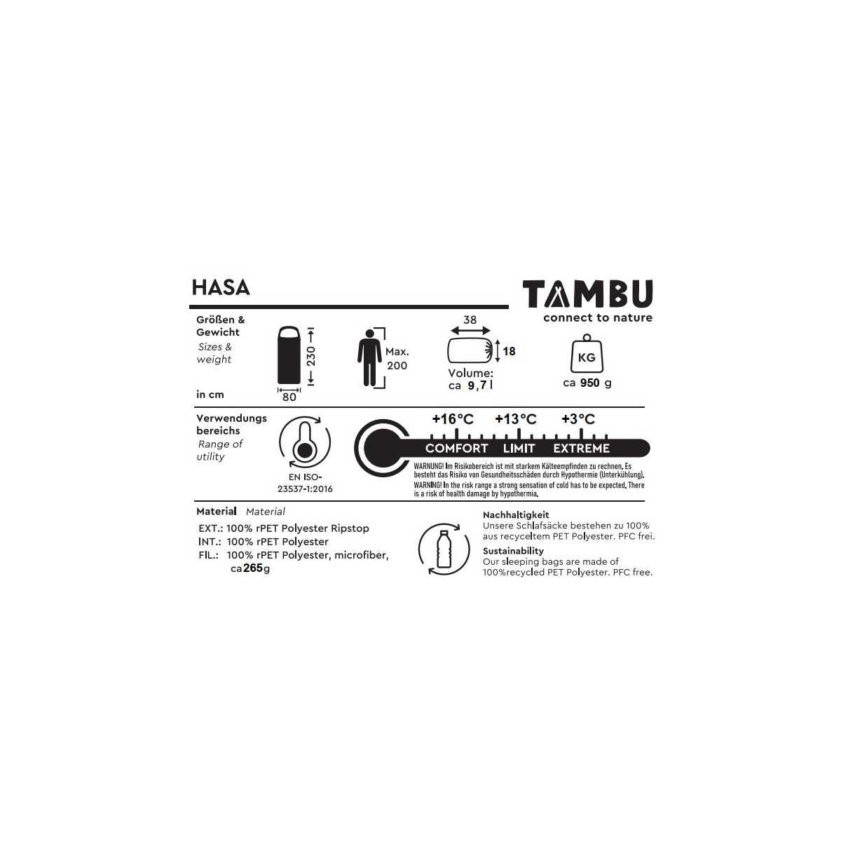 TAMBU HASA Deckenschlafsack mit Kapuze 950 g Orange - 20211009