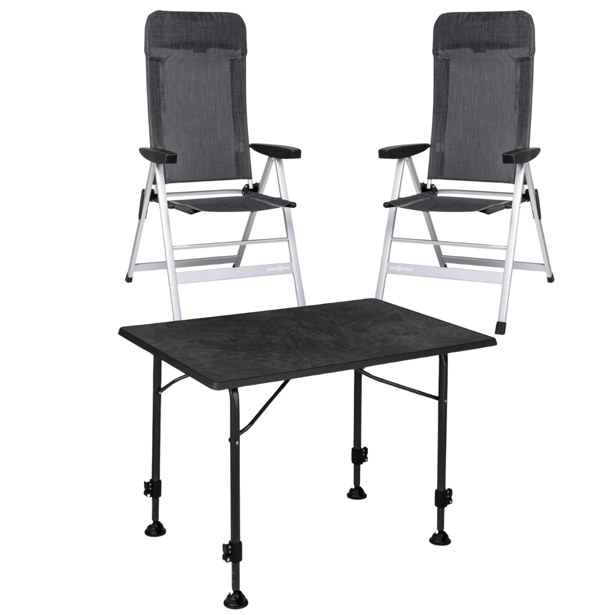 BRUNNER Campingstuhl SKYE Dunkelgrau 2er-Set - Tisch LINEAR 80x60 cm Black - 0404063N-C67 0406036N.C69