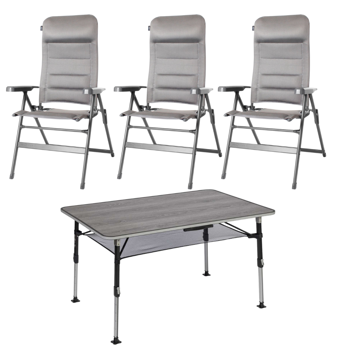 BRUNNER Campingstuhl ARAVEL 3D - M Hellgrau 3er-Set - Tisch ELU NG 120 - 0404065N.C07M 0406043N