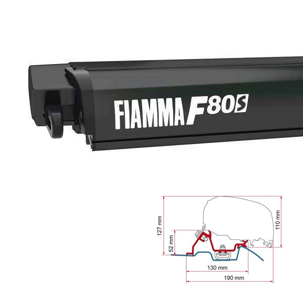 Markise FIAMMA F80 S 400 Royal grey Gehaeuse deep black inkl. Adapter Mercedes Sprinter II VW Crafter I H2 L3 ab 2006 - 2018 mit Schiene auf dem Dach