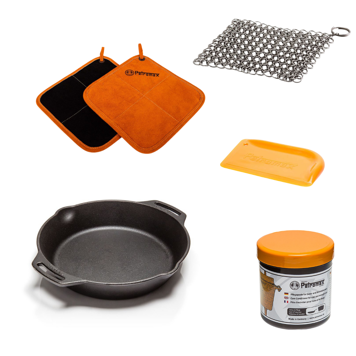 PETROMAX Feuerpfanne Henkel FP25H mit Aramid Topflappen - Starterset fp25h-t scrub ft-pflege t300 os