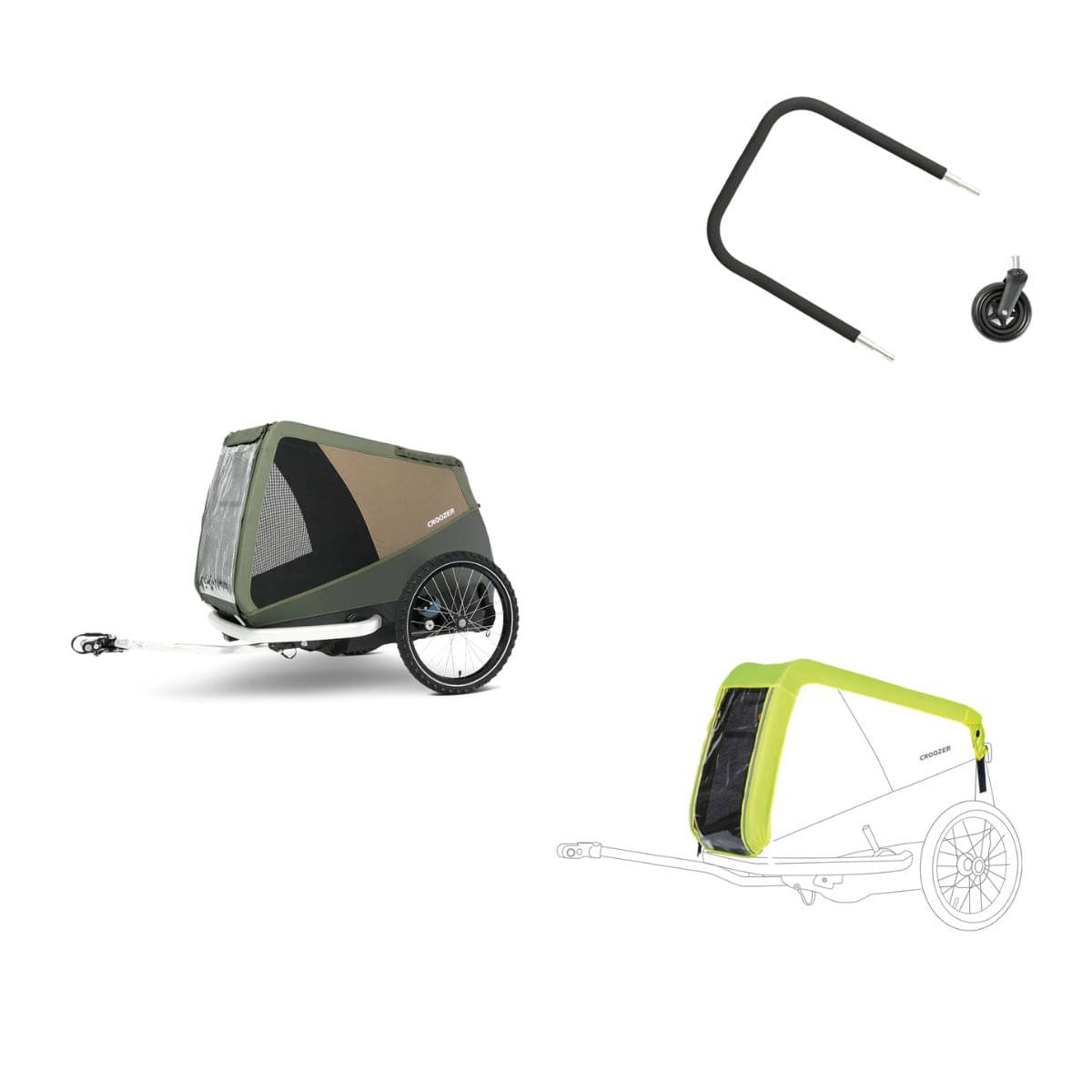 CROOZER Hundefahrradanhaenger Dog Mikke Moss Green- Bundle mit Regenverdeck und Buggy-Set - 121600226
