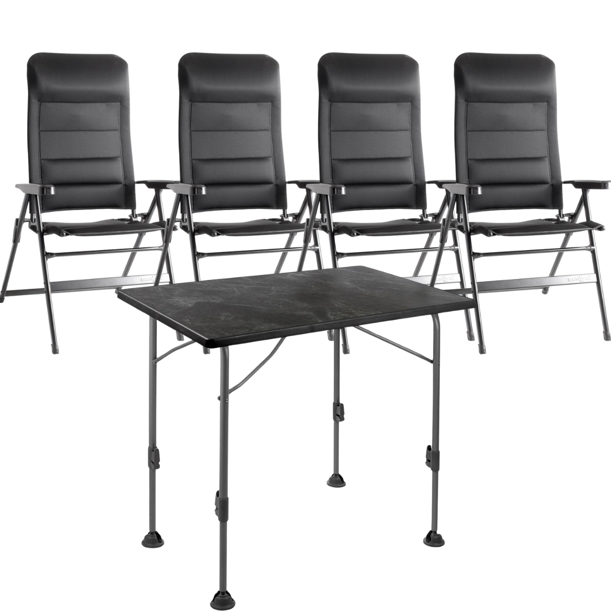 BRUNNER Campingstuhl ARAVEL 3D - S Schwarz 4er-Set - Tisch LINEAR 115x70 cm Black - 0404065N-C09S 0406031N.C69