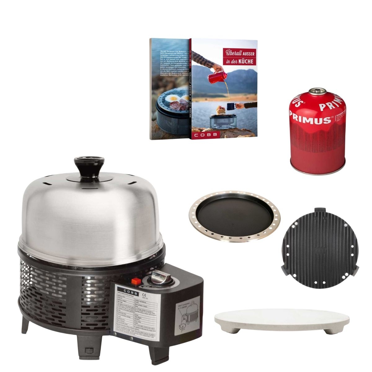 COBB Pro Gas Black und Grillplatte und Griddle - und Bratenrost und Bratpfanne und Pizzastein und Kochbuch und Gaskartusche