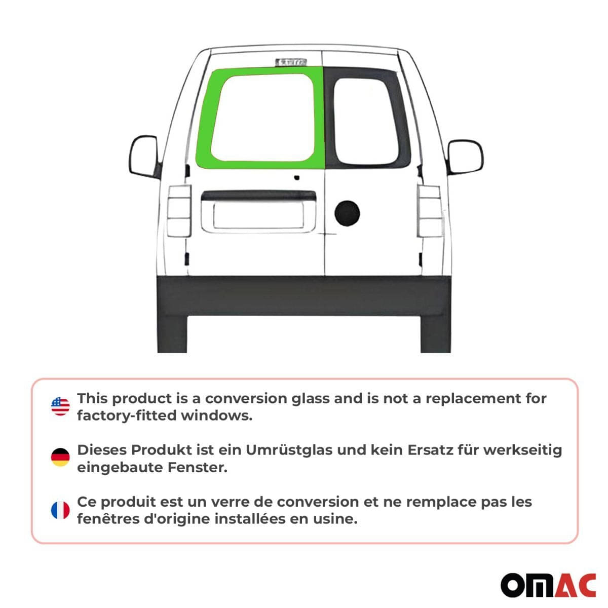 OMAC Heckscheibe Heckfenster VW Caddy III-IV L1-L2 Bj. 2003-2020 Fluegeltuer Hinten Links - 7520405-1BDFL