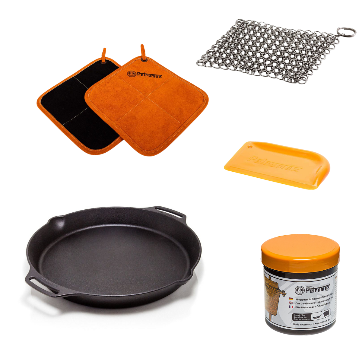 PETROMAX Feuerpfanne Henkel FP40H mit Aramid Topflappen - Starterset fp40h-t scrub ft-pflege t300 os 