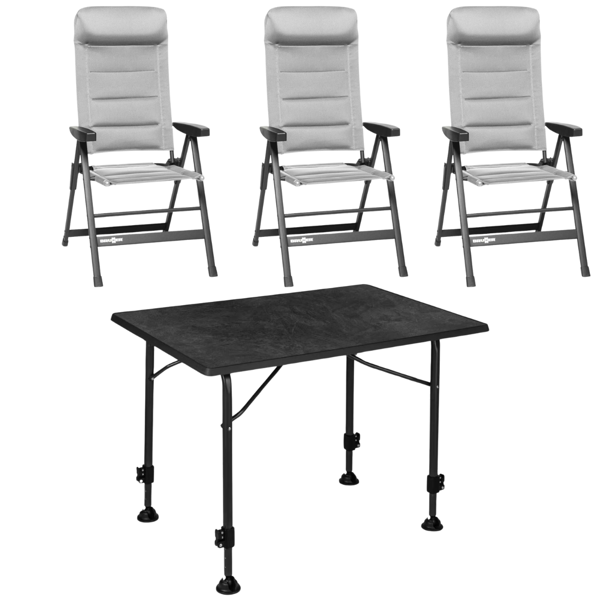 BRUNNER Campingstuhl SKYE 3D Hellgrau 3er-Set - Tisch LINEAR 115x70 cm Black - 0404063N-C06 0406031N.C69