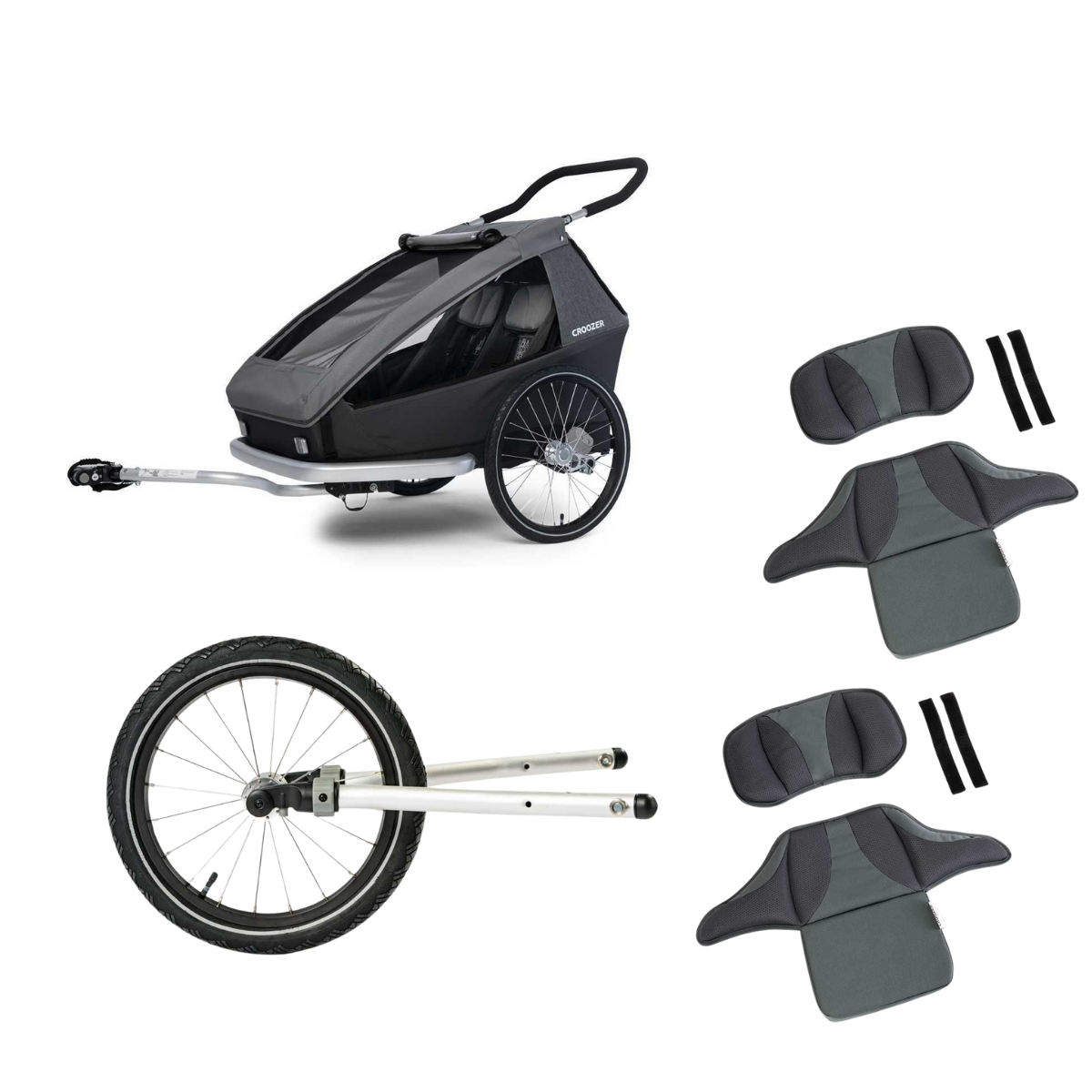 CROOZER Kinderfahrradanhänger Kid Keeke 2 3in1-Set Mountain Grey mit 2 Sitzstützen