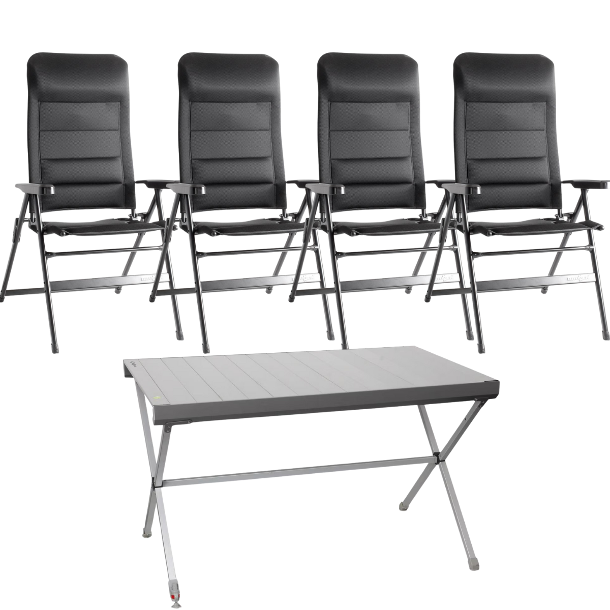 BRUNNER Campingstuhl ARAVEL 3D - L Schwarz 4er-Set - Rolltisch TITANIUM AXIA 4 122x 76 cm - 0404065N.C09L 0406098N