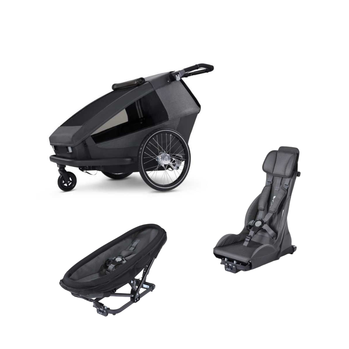 CROOZER Kinderfahrradanhänger Kid Yuuna Moonlight Black mit Babyliege und Premium-Sitz