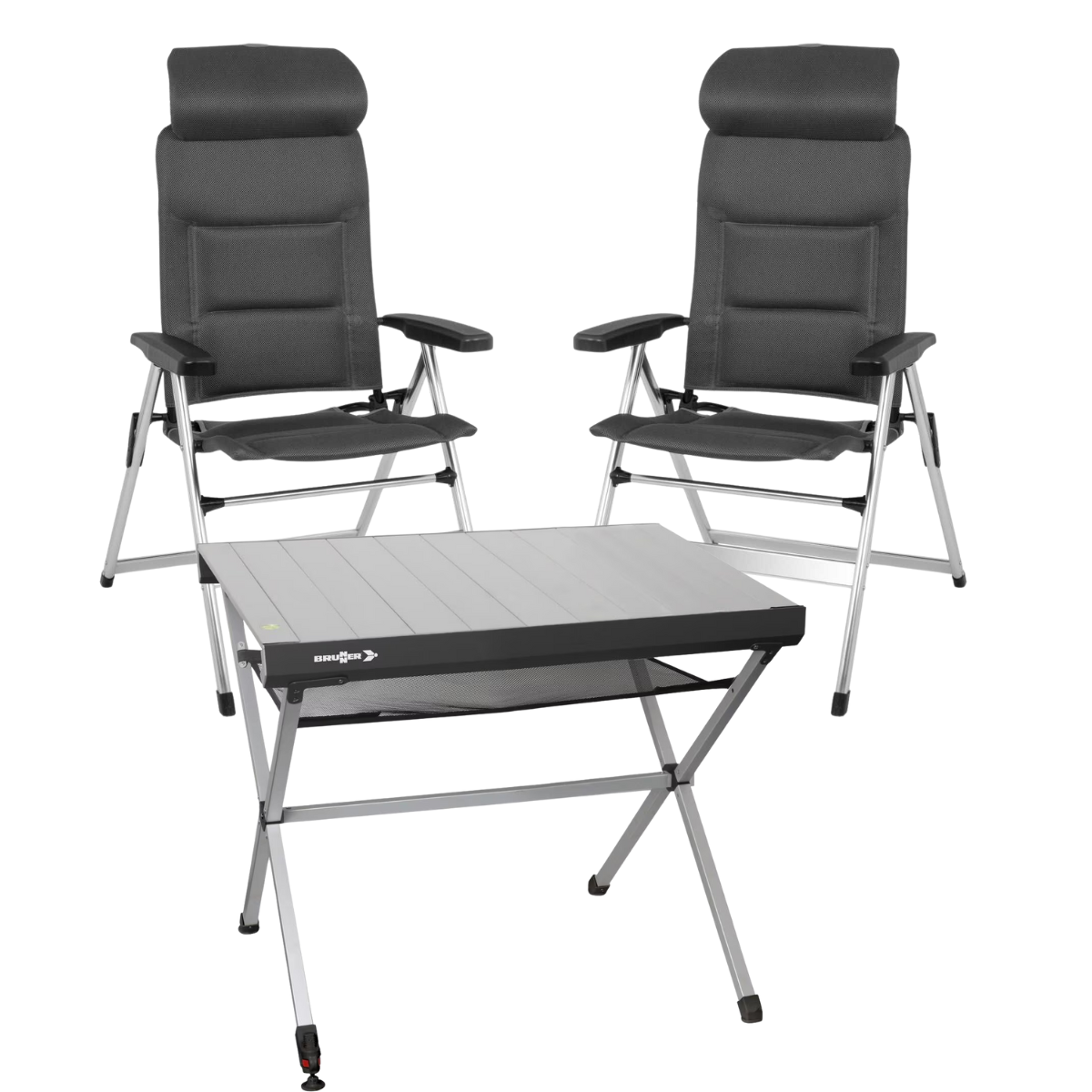 BRUNNER Campingstuhl ARAVEL H2L Dunkelgrau 2er-Set - Rolltisch TITANIUM AXIA 2 104x62 cm - 0404052N.C25 0406097N