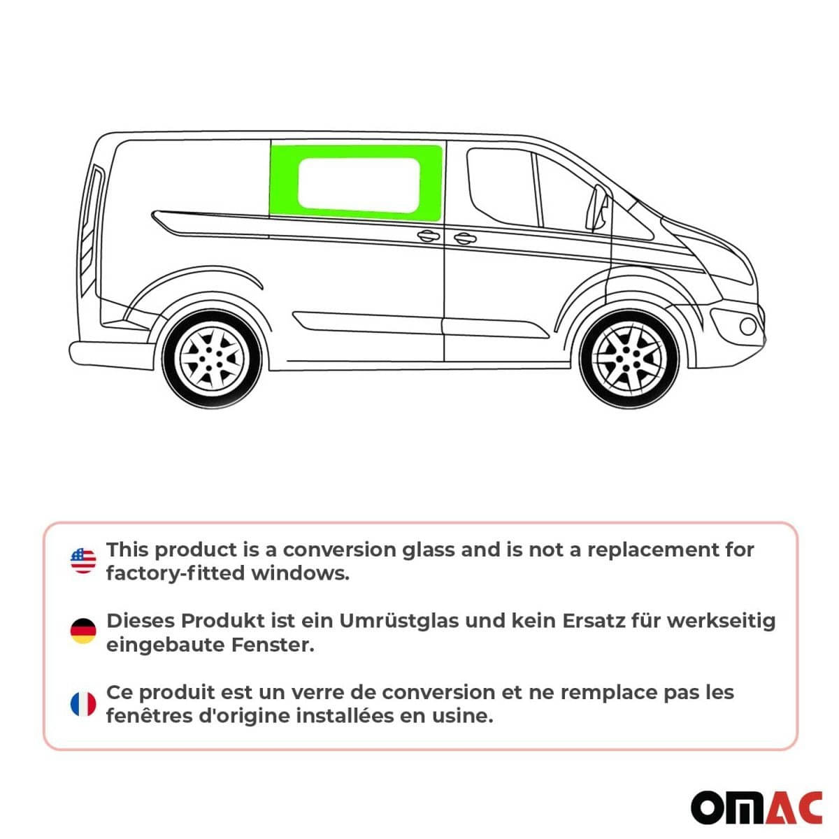 OMAC Seitenfenster Seitenscheibe Ford Transit Custom L1-L2 Bj. 2013-2023 Schiebetuer Rechts - 2624405-1FSDFR