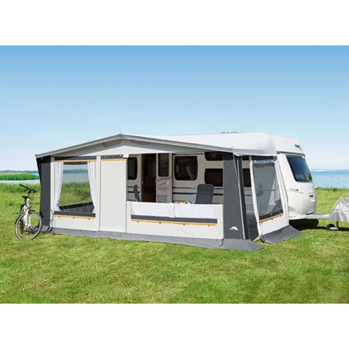 DWT Wohnwagen-Vorzelt PRINZ PLUS Gr. 9 Umlaufmass 791-820 cm Tiefe 240 cm Spar-Paket Stahlgestaenge - 126019SP0