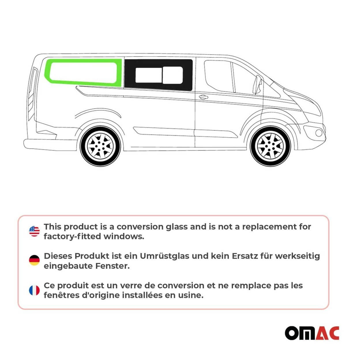 OMAC Seitenfenster Seitenscheibe Ford Transit Custom L2 Bj. 2013-2023 Hinten Rechts - 2624405L-1RSFR