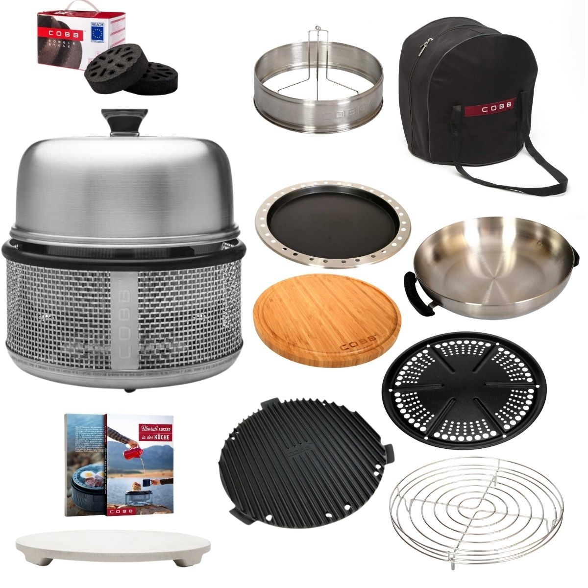 COBB Premier Air Deluxe und Griddle Premier - und Bratenrost- Bratpfanne- Pizzastein- Grillplatte- Tasche- Schneidbrett- Deckelverlaengerung und Kochbuch und Wok und Cobble Stone