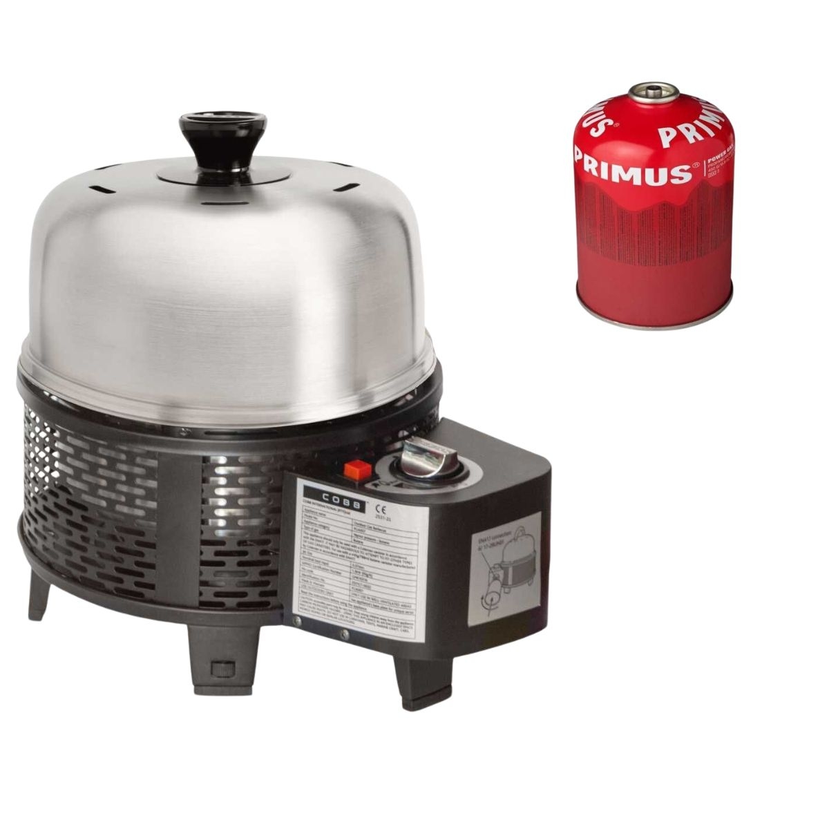 COBB Pro Gas Black und Grillplatte und Primus Gaskartusche