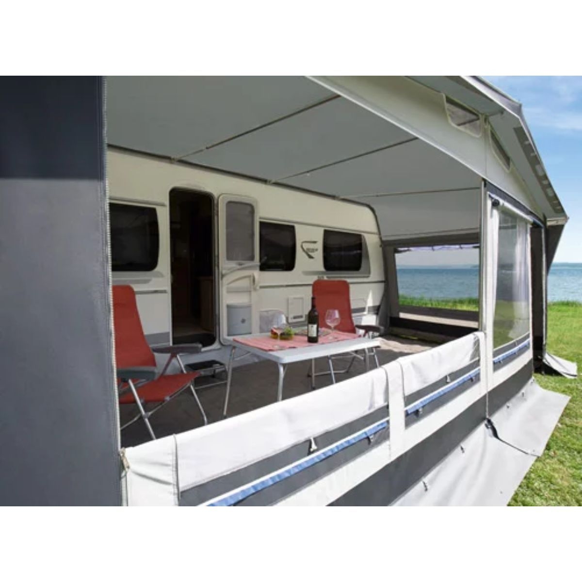 DWT Wohnwagen-Vorzelt POLO Gr. 10 Umlaufmass 821-850 cm Tiefe 300 cm mit 32 mm Alu-Gestaenge - 142070A32