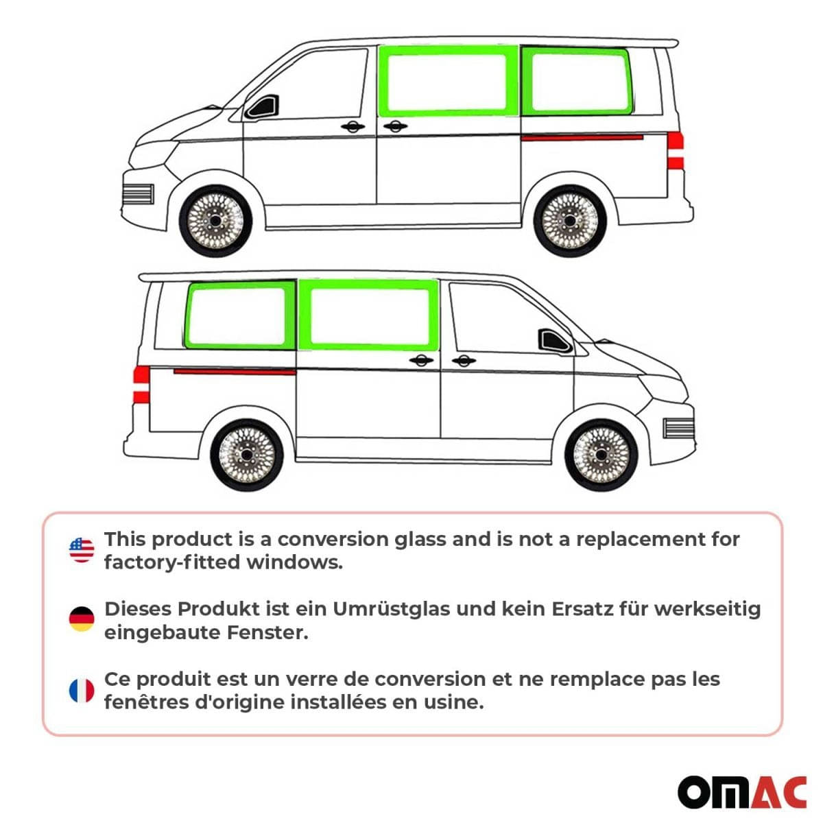 OMAC Seitenfenster Seitenscheibe VW T5/T6/T6.1 L1/L2 Bj. 2003-2024 Komplett-Set 4er-Set OMAC Seitenfenster Seitenscheibe VW T5-T6-T6-1 L1-L2 Bj. 2003-2024 Komplett-Set 4er-Set - G002395